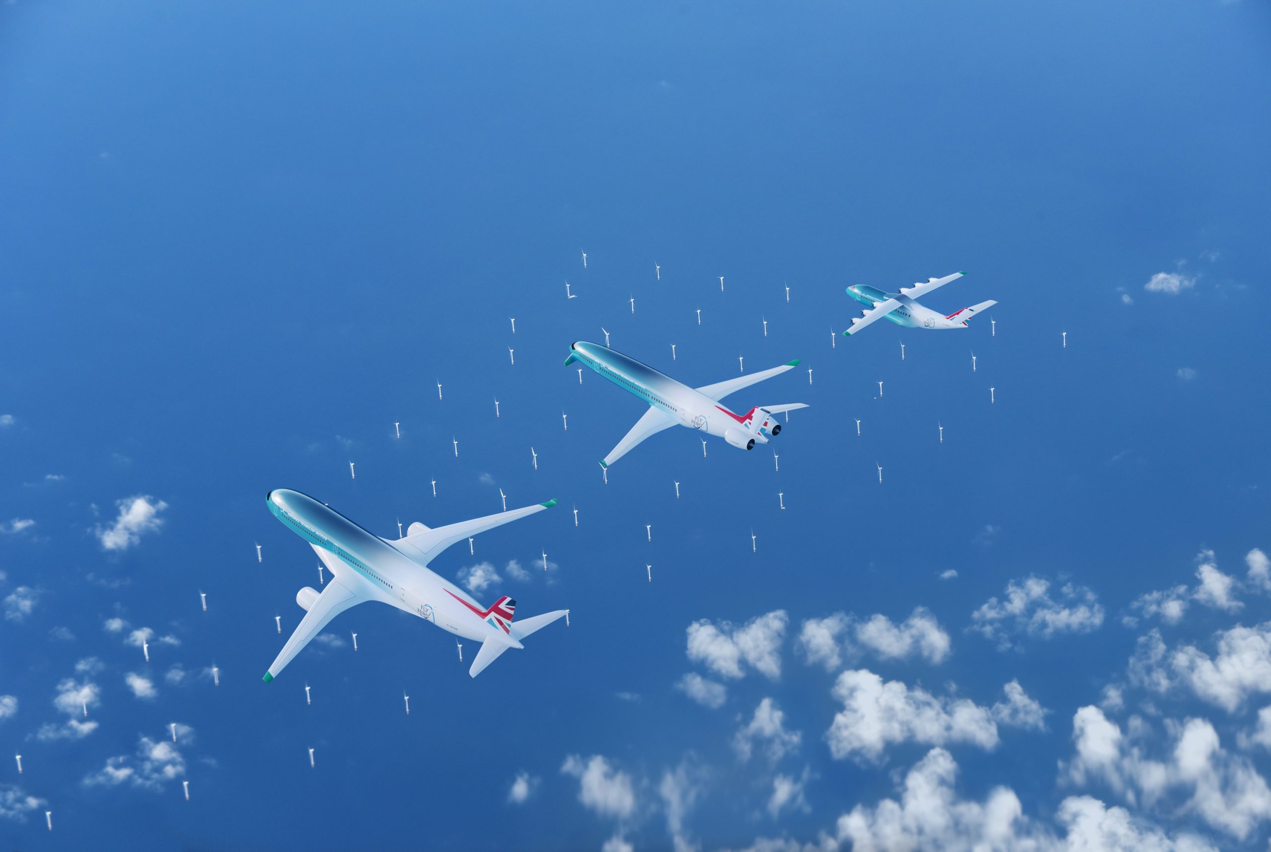 FlyZero aircraft over wind turbines