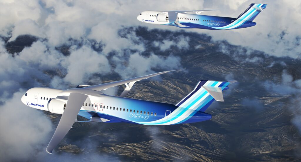 Artist concept of commercial aircraft families with a Transonic Truss-Braced Wing configuration from the Sustainable Flight Demonstrator project. Credit: Boeing